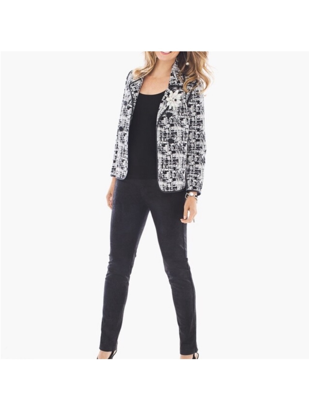 Chico's Black & White Marble Jacquard Double Breasted Swing Jacket - NWOT